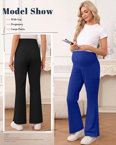 2 Pack Women's Maternity Wide Leg Cargo Scrub Pants - color: Royal Blue, Black, size: Large