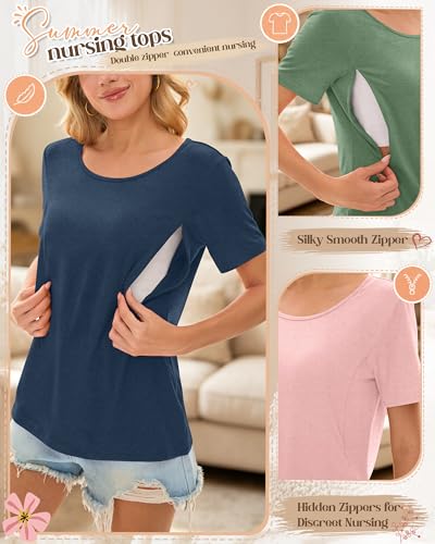 3 Pack Nursing Tops for Women - color: Blue, Light Pink, Light Green, size: Medium