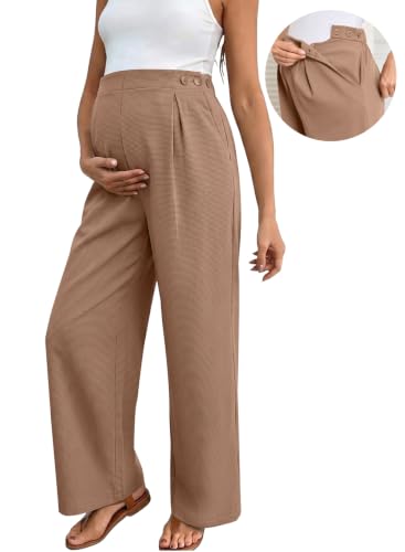 BLENCOT Maternity Pants Work Waffle Knit Wide Leg Pregnancy Trousers - color: Brown, size: Medium