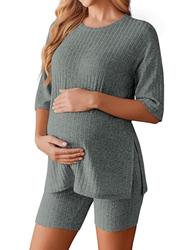 Ekouaer Maternity Sets Two Piece Outfits Ribbed Pregnancy Loungewear - color: Dark Army, size: Large