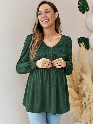 FMEYOA Maternity Tops V Neck Puff Sleeve Smocked Button Maternity Shirts - color: Dark Green, size: Large
