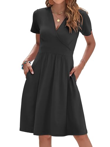 Womens Summer Floral Faux Wrap A-Line Dress with Pockets - color: Black, size: X-Small