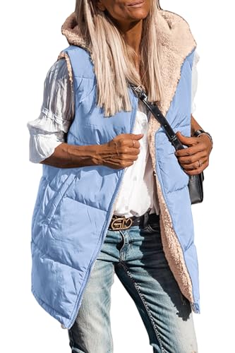 PRETTYGARDEN Women's Winter Reversible Fleece Long Vests - color: Light Blue, size: Small