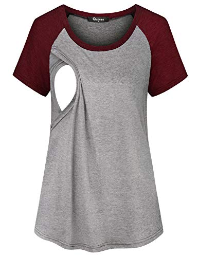 Quinee Womens Short Sleeve Maternity Nursing Tops Raglan Breastfeeding Shirts - color: Wine, size: Small