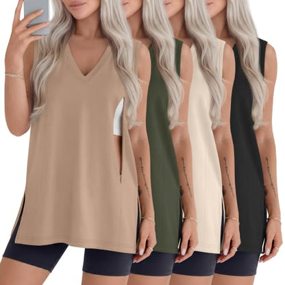 4 Pack Womens Nursing Oversized Tank Tops - color: Khaki, Army Green, Cream, Black, size: Large