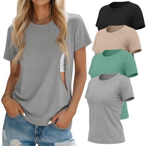 Oakgarden 4 Pack Nursing Breastfeeding Shirts - color: Light Gray, Green, Light Brown, Black, size: Small