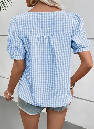 EVALESS Womens Gingham Top Short Sleeve Square Neck Shirts Cotton Blouse - color: A Blue, size: Small