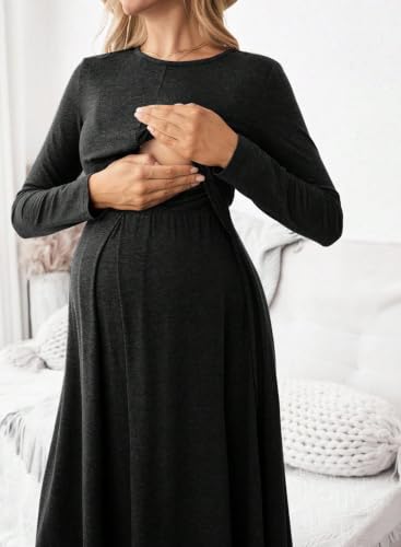 BLENCOT Maternity Nursing Midi Dress Twist Knot Pull Up Feed Postpartum - color: Black, size: Large