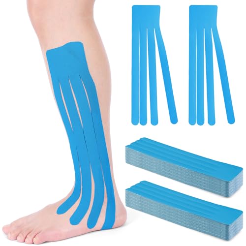 Geiserailie 30 Pcs Precut Kinesiology Fan Tape - Elastic Lifting Fan Cuts for Muscle and Body Support, Pre-Cut Strips for Legs Arms Chest Neck Back(Blue) - color: Blue