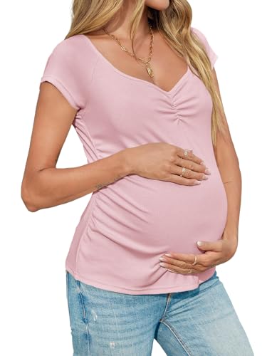 Tankaneo Womens Vneck Maternity Tops Cap Sleeve Fit Ribbed Pregnancy Tshirt - color: Pink, size: Medium