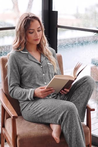 Ekouaer Womens Pajama Sets Long Sleeve Button Down 2 Piece Soft Pjs - color: Dark Grey, size: X-Large