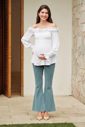 OUGES Womens Cotton Blend Off The Shoulder Maternity Tops Smocked Ruffle Sleeve Blouse Going Out Pregnancy Shirts 2025 - color: White, size: XX-Large