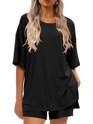 Women's 2 Piece Short Sets Loose Lounge Sets Summer Matching Sets - color: Black, size: XX-Large