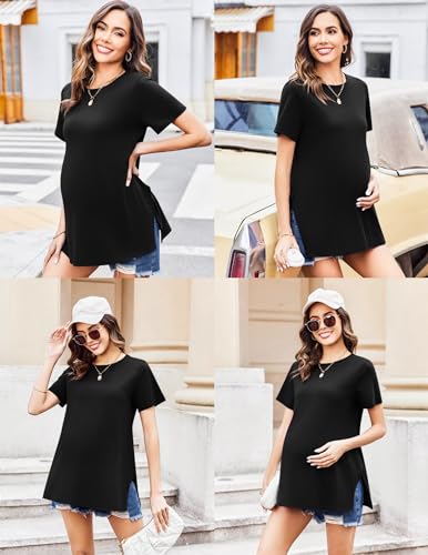 Ekouaer 3 Pack Maternity Shirts Short Sleeve Pregnancy Tops Summer Clothes - color: Black/Blue/Grey Striped, size: X-Large