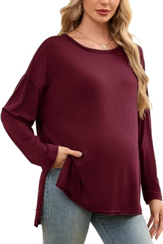 Smallshow Women's Long Sleeve Maternity Shirts Loose Tunic Pregnancy Tops - color: Maroon, size: Small