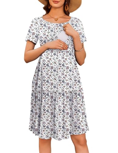 Maternity Dress Summer Short Sleeve Casual Nursing Dresses Breastfeeding - color: Floral Cream, size: Large