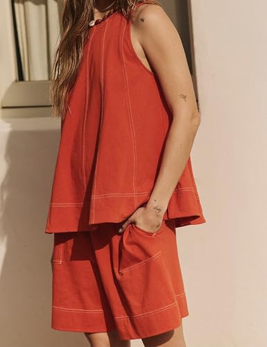 Womens 2 Piece Lounge Set Tank Top and Shorts - color: Tomato, size: Small
