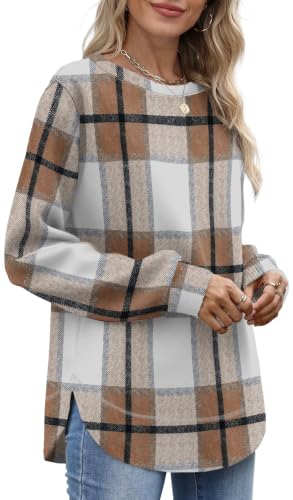 OFEEFAN Womens Sweaters Crew Neck Tunic Tops Long Sleeve Shirts Curved Hem - color: C-brown Plaid, size: Medium