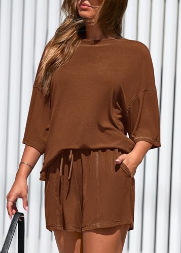 KIRUNDO 2 Piece Sets for Women Summer Lounge Sets Casual - color: Brown, size: Small
