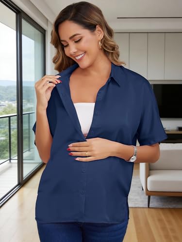 Maternity Shirts Button Down Work Business - color: Navy, size: Large