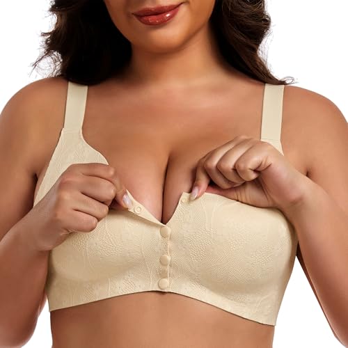 IWOLLENCE Womens Front Snap Closure Daisy Bras Soft Seamless Wireless Lace Bralettes Comfort Full Coverage Bra - color: Apricot, size: XX-Large