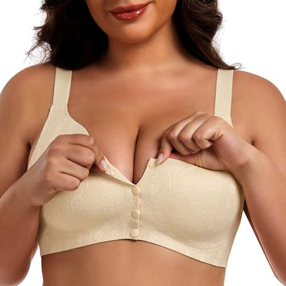 IWOLLENCE Womens Front Snap Closure Daisy Bras Soft Seamless Wireless Lace Bralettes Comfort Full Coverage Bra - color: Apricot, size: Large