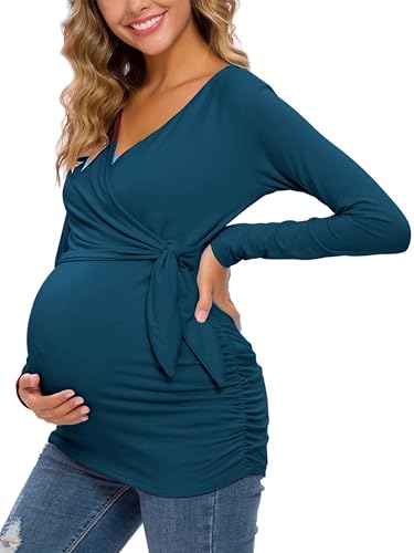Glampunch Maternity Shirts Short & Long Sleeve Wrap Maternity Tops - color: 19-peacock Blue, size: Large