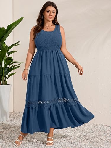 RWJ Plus Size Summer Dresses Smocked Sleeveless Sundress Beach Maxi Dress - color: Dusty Blue, size: Large Plus