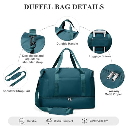 Travel Duffel Bag,Overnight Weekender Bags for Women with Shoe Compartment - color: Peacock Blue