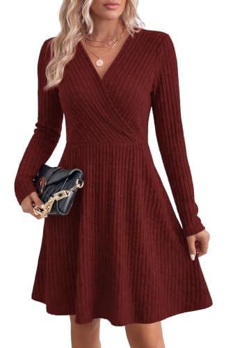 WIH0LL Womens Fall Dresses 2026 Long Sleeve Wrap Sweater Dress with Pockets - color: Wine, size: Medium