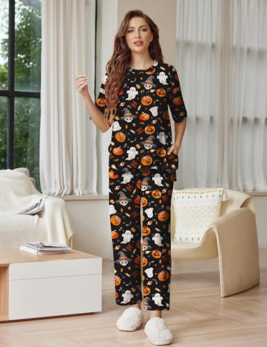 Ekouaer Lounge Sets for Women Soft Comfy Pajama Set 2 Piece Outfits - color: Black Halloween, size: X-Large