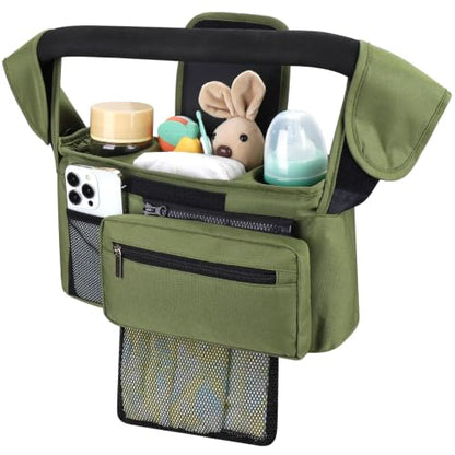 Accmor Universal Stroller Organizer with Insulated Cup Holder - color: All Green/Detachable Diaper Pocket