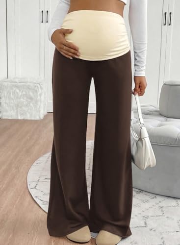 BLENCOT Women's Maternity Pants Wide Leg Over The Belly Pregnancy Pants - color: Brown, size: X-Large