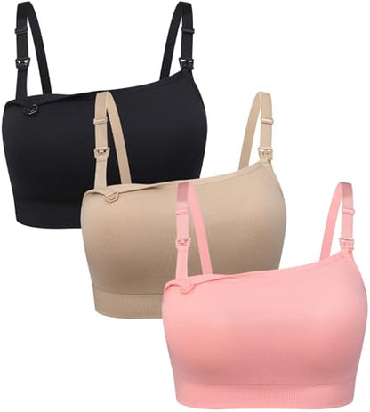 Suekaphin Square Neck Nursing Bra for Pregnancy Women Maternity Pull-On Breastfeeding Bra Fixed Cups - color: Black/Beige/Pink, size: Medium