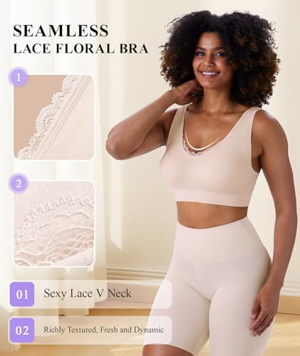 Bras for Women No Underwire Lace V-Neck Wireless Bra Wireless Sleep Bras - color: Black+black+skin, size: Small