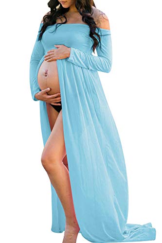 Maternity Off Shoulder Chiffon Gown Long Sleeve Front Split Maxi Photography Dress for Photoshoot - color: Sky Blue, size: X-Large