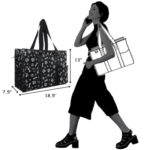 NGIL Work Tote Bag with Exterior Pockets - color: Ngil Zip-printed Paws-black