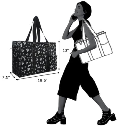 NGIL Work Tote Bag with Exterior Pockets - color: Ngil Zip-printed Paws-black