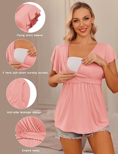 Ekouaer Maternity Shirts 3 Packs Nursing Tops Pregnancy Clothes - color: Light Grey+black+orange Pink(3pcs), size: Large