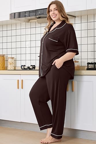 Women Plus Size Button Down Pajamas Long Pants Lounge Sets PJS - color: Brown, size: XX-Large