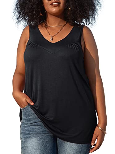 Womens Plus Size Tunic Tank Tops Sleeveless Pleated Front V Neck Shirts - color: Black, size: 24