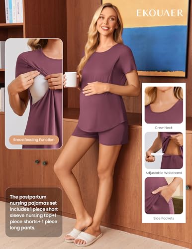 Ekouaer 3 Piece Maternity Nursing Pajamas Set Short Sleeve Breastfeeding Pjs - color: Burgundy, size: Small