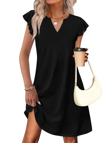 OFEEFAN Spring Summer Dresses for Women 2026 Casual Ruffle Sleeve V Neck Loose Swing Sundresses with Pockets Plain/Print - color: Plain Black, size: Medium