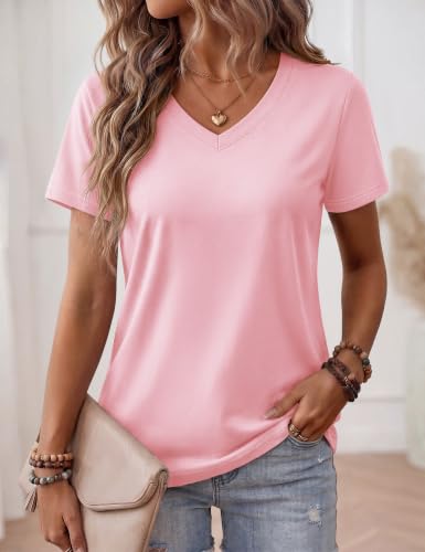 YUCOLEN Womens Shirts Cotton Short Sleeve Tops V Neck Casual Basic Tees - color: A-pink, size: X-Large
