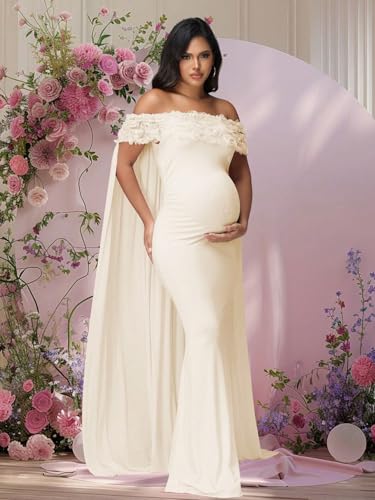 Maternity Mesh Off Shoulder Chiffon Cloak Maxi Photoshoot Dress - color: Beige-a, size: X-Large