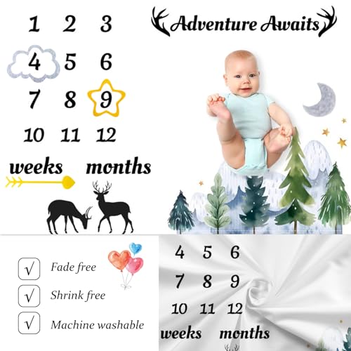 Jungle Adventure Baby Monthly Milestone Blanket Mountain Forest Cute Deer