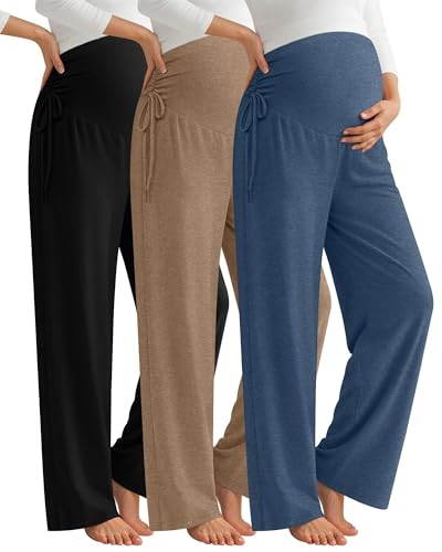 Neer 3 Pack Women's Maternity Lounge Wide Leg Pants - color: Haze Blue, Light Coffee, Black, size: Medium