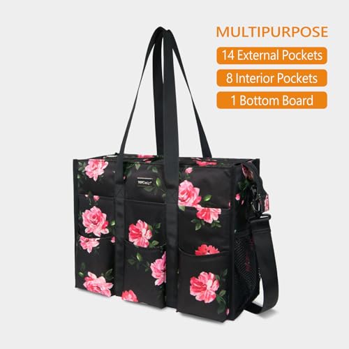 TOPDesign Utility Water Resistant Tote Bag with 22 Pockets, Zipper Closure - color: Peony, size: Medium