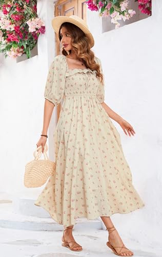 R.Vivimos Women Summer Cotton A Line Flowy Long Dresses - color: Beige#1-floral, size: X-Large