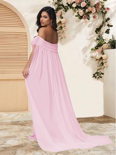 Maternity Mesh Off Shoulder Chiffon Cloak Maxi Photoshoot Dress - color: Pink, size: X-Large